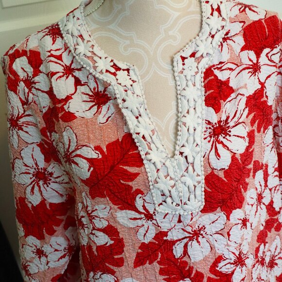 Cathy Daniels Women's Tunic Top Coral/White Floral 3/4 Sleeves Textured NWOT - Picture 1 of 7